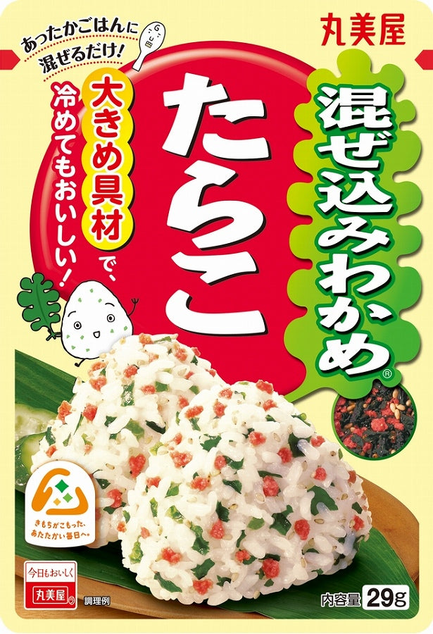 Packaging of Marumiya Mazekomi Wakame Mentaiko, showing the product name, an image of the rice topping, and the weight of 29g.