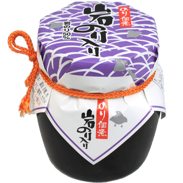 A jar of Shimanoka Iwa Nori prepared seaweed, with a purple lid decorated with a white seaweed pattern and an orange decorative element. Japanese text is visible on the label.