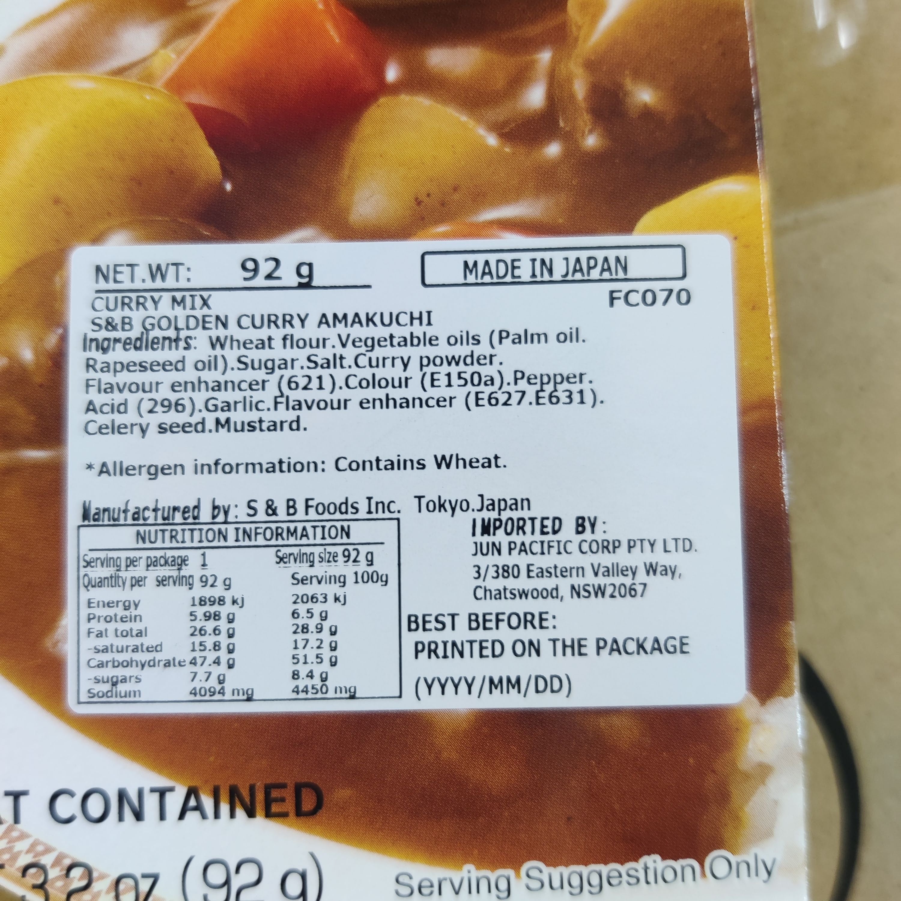 S&B Golden Curry Mix Mild 92g