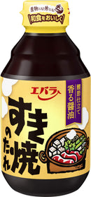 Bottle of Ebara Sukiyaki Sauce with a yellow label, featuring an illustration of a bowl with vegetables and text indicating the product name and size.