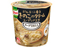 A cup of Ajinomoto Porcini Kaoru Kinoko no Cream Soup Pasta, showing the product packaging and the soup with mushrooms and pasta.