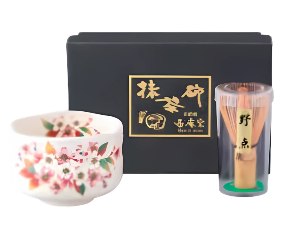"Seian" Cherry Blossoms with Powdered Finish Tea Bowl and Tea Whisk Set