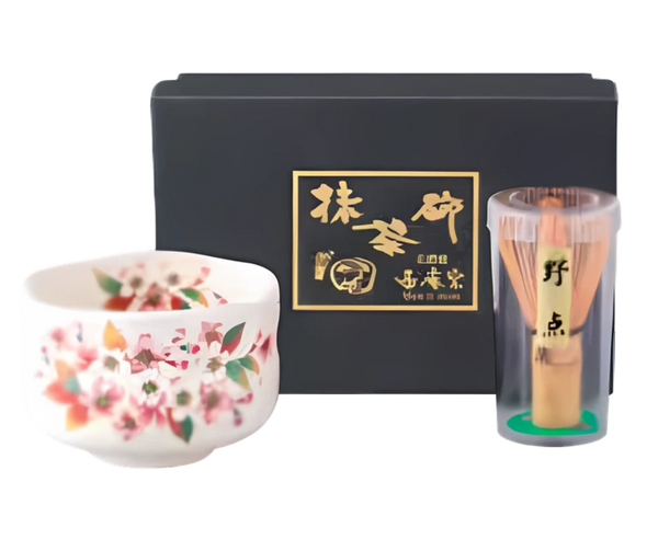 "Seian" Cherry Blossoms with Powdered Finish Tea Bowl and Tea Whisk Set