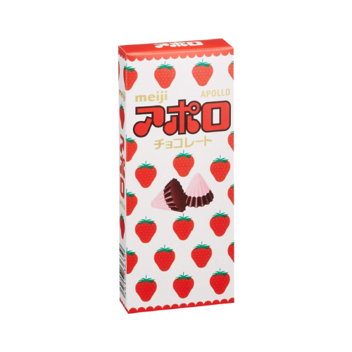 Name: Meiji Apollo 46g  Description: The spaceship Apollo shaped confectionery. Strawberry flavour on the top and a milk chocolate base  Country of Origin: Japan